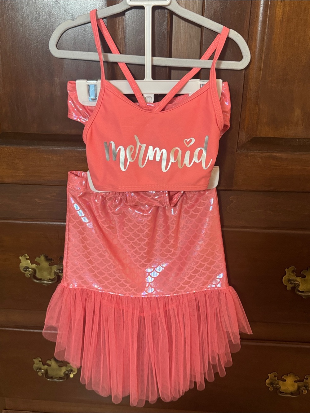 Girls Mermaid Swim Bikini Set in Coral Pink - 'Mermaid' Two Piece & Skirt